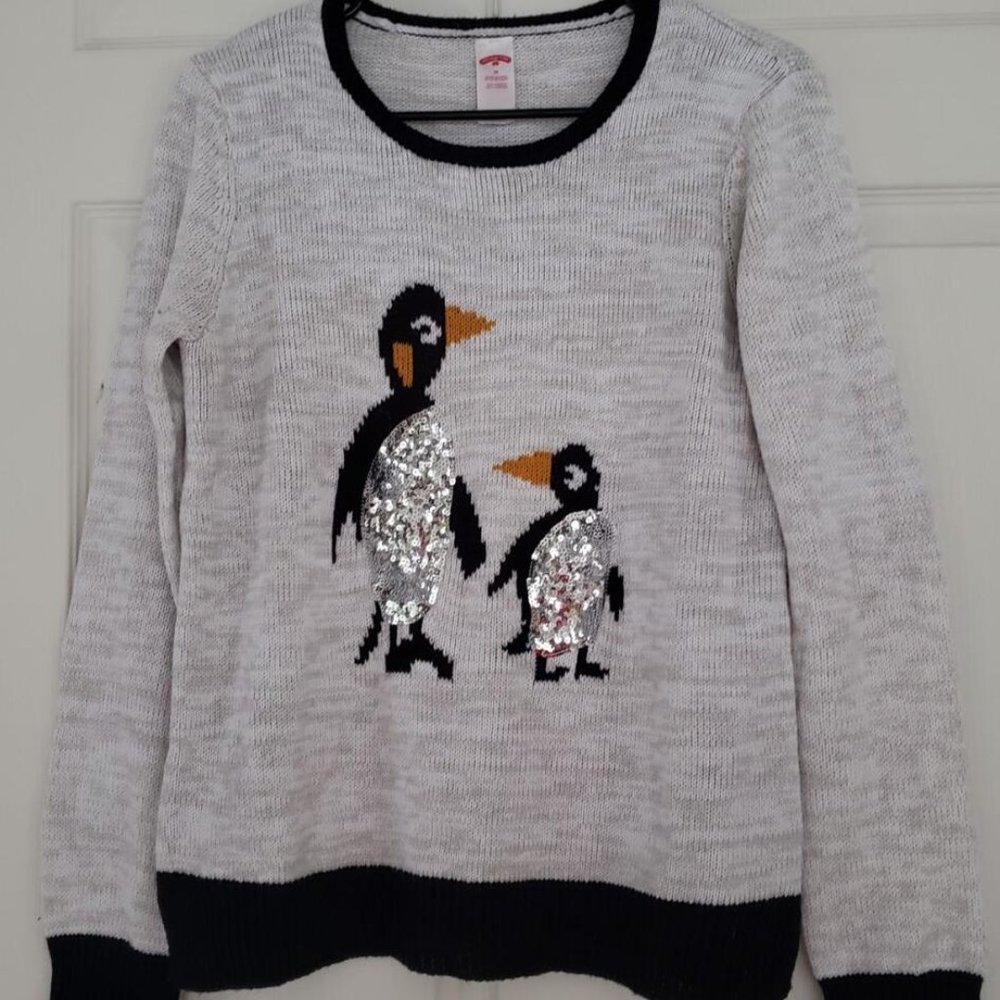 Holiday Time Women Silver Sequin Penguin Holiday Sweater Pullover size M
